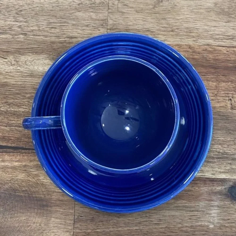 Fiestaware Vintage Mid Century Modern Dinnerware Cup Saucer Set Cobalt Blue